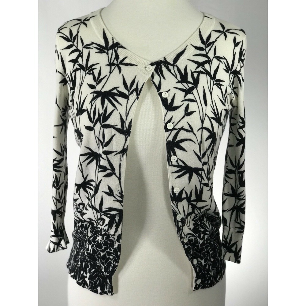 TALBOTS Ivory Black Leaf Boarder Print Cardigan P